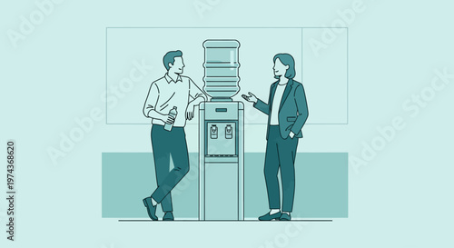 Business colleagues talking by water cooler in modern office break room