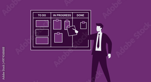 Businessman managing tasks on digital Kanban board