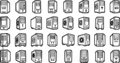 Technology Computer Cases Line Art Icons Set. PC Towers, Server Chassis Outline Glyphs for Computing Hardware, and IT Infrastructure.