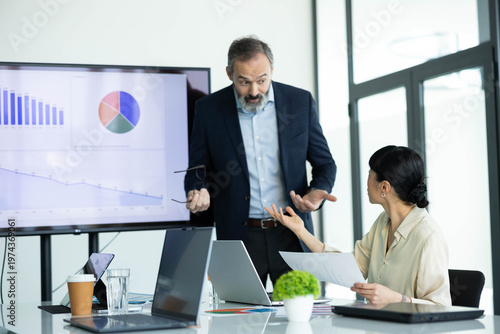 Bild auf Leinwand Business people discussing negative financial results shown on a large screen du
