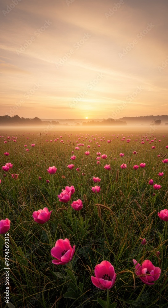 Obraz premium Pink spring flowers blooming in a meadow at sunrise with soft golden light for nature banners, seasonal greeting cards, and peaceful environmental backgrounds
