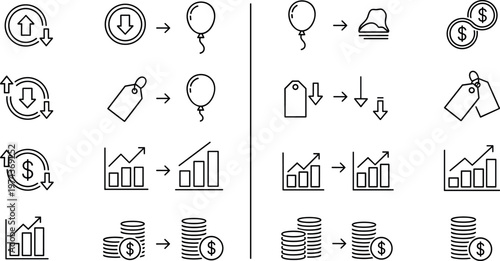 Business process transformation icons showing before and after scenarios growth decline pricing inflation and financial changes vector set