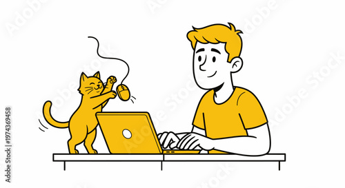 Cat playing with computer mouse while man works on laptop