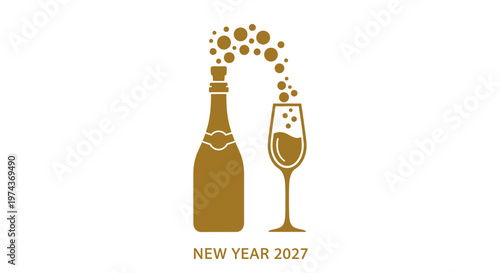 Champagne bottle and wine glass icon.