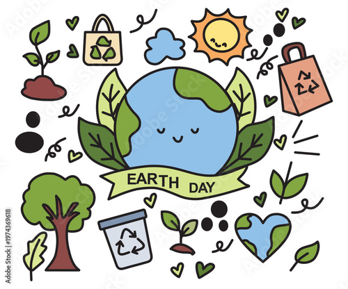 Earth Day Doodle Concept with Cute Planet, Recycling Symbols and Green Plants