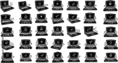 Black and White Line Art Icons of Laptops for Technology and Business Niche
