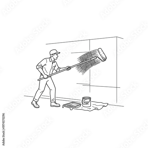 Man painting a wall with roller.