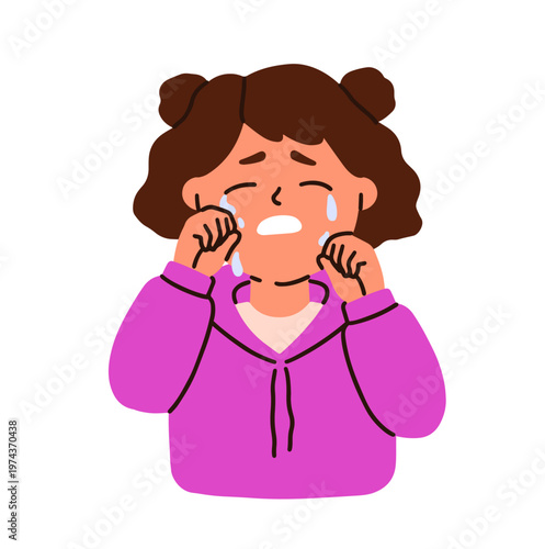 Upset crying girl rubbing face with fists, tears falling. Frustrated tearful ...