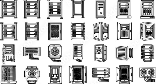 Technology Data Center Servers and Network Equipment Vector Icons Set. Black  White Line Art Glyphs of IT Rack Units, Cooling Systems, and Cabinets.