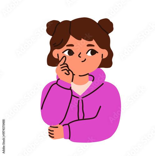 Cute girl with sly smirk, scheming, planning and plotting. Crafty playful kid with intrigue expression, emotion. Child looking aside, thinking. Flat vector illustration isolated on white background