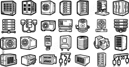 Technology Data Center IT Infrastructure Icons Set. Black and White Line Art Glyphs of Server Racks, Network, Storage, Cooling, and Power Distribution Units.