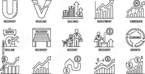 Economic Recovery and Business Growth Icon Set with Investment Sales Rebound Decline Restart and Financial Progress Line Vector Collection