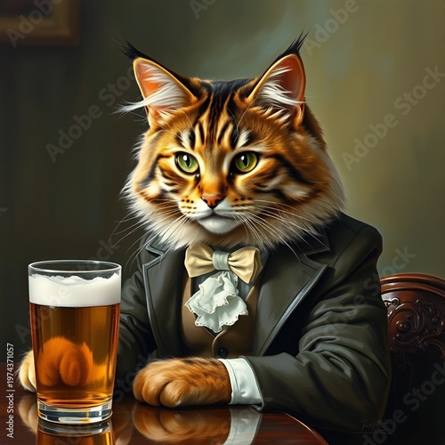 Victorian cat having a beer