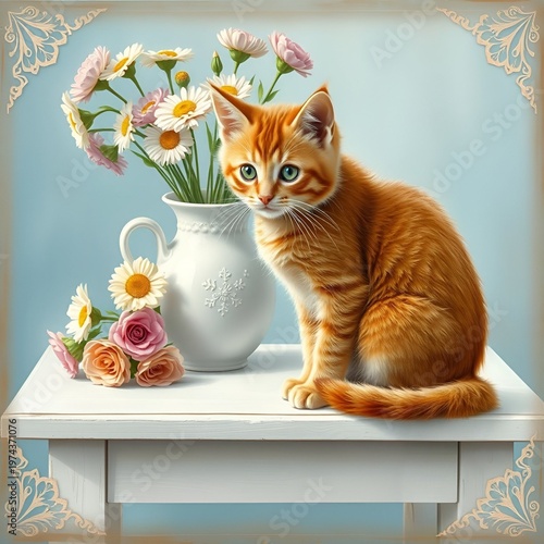 Kitten on a table with flowers
