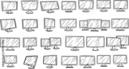 Black and white line art pattern of various computer monitors, technology theme
