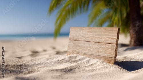 a blank wooden sign partly burried in the sand at a beach - mock-up advertisement template