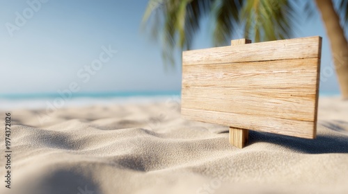 a blank wooden sign partly burried in the sand at a beach - mock-up advertisement template