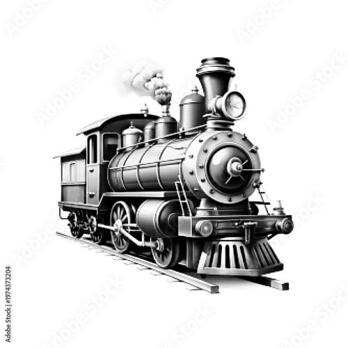 Minimal black and white halftone illustration of a vintage steam locomotive, retro railway transport and industrial era concept isolated on white background.