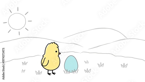 Cute Easter Chick and Egg Line Art Scene