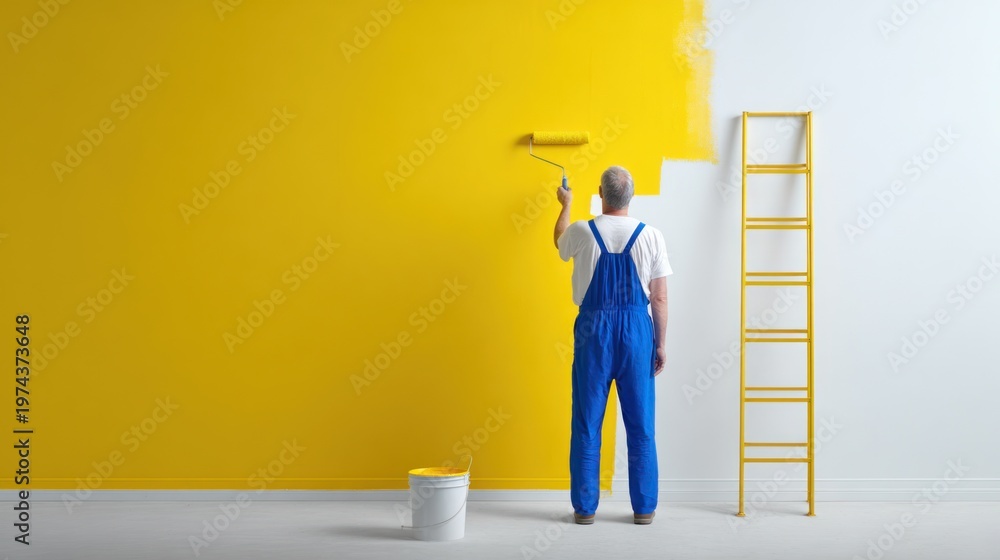 Obraz premium Senior man painting a yellow wall with a roller, wearing blue overalls, with a ladder and paint bucket in a bright interior space
