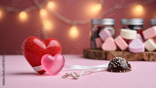 Glistening Heart-Shaped Candies on a Rustic Shelf