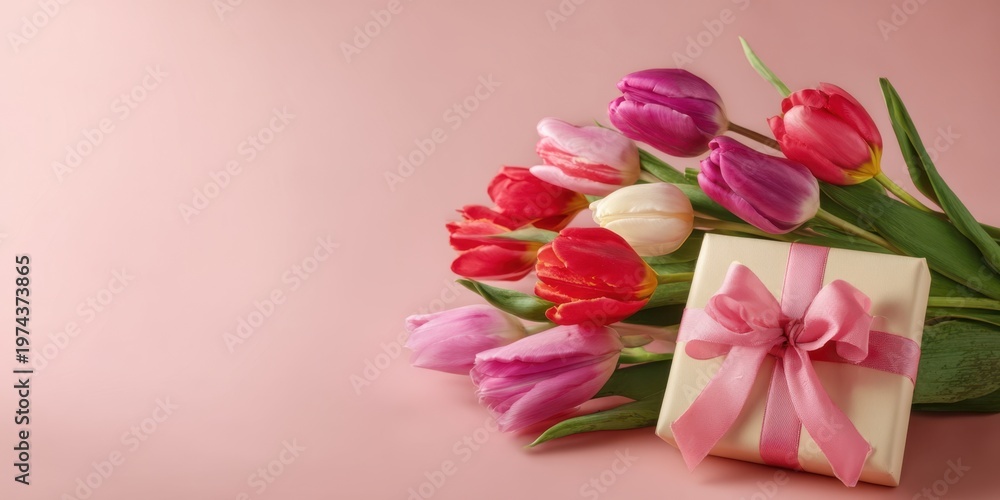 Fototapeta premium The Tulip Bouquet And Wrapped Gift With Pink Ribbon On Pastel Background