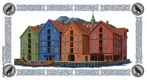 Vibrant digital art illustration of colorful waterfront buildings with a Viking ship and Celtic knot background vector abstract modern art