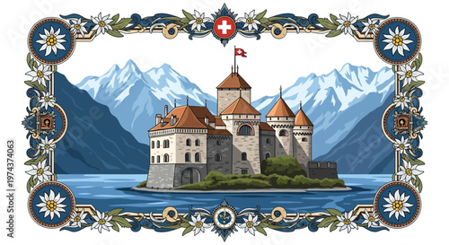 Vector Illustration of a Medieval Castle on an Island, Set Against a Majestic Mountain Landscape, Colorful Digital Art