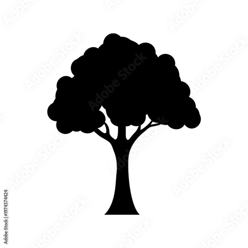 Solitary silhouette of a tree with a full canopy against white background