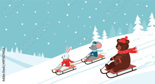 Cheerful bear, mouse, and rabbit friends sledding down a snowy hill together in a beautiful winter forest landscape.