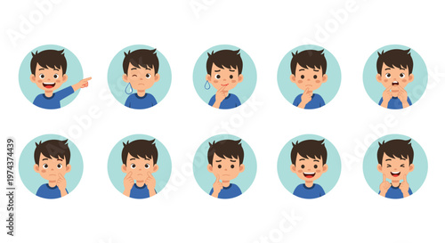 Collection of various facial expressions and emotions of a young boy shown in circular icons for educational purposes.