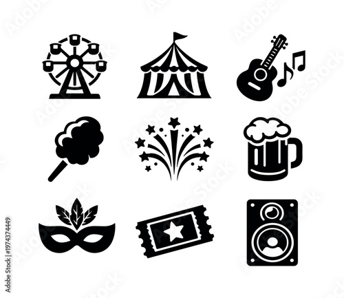Black and white vector silhouettes of carnival elements including ferris wheel tent guitar fireworks
