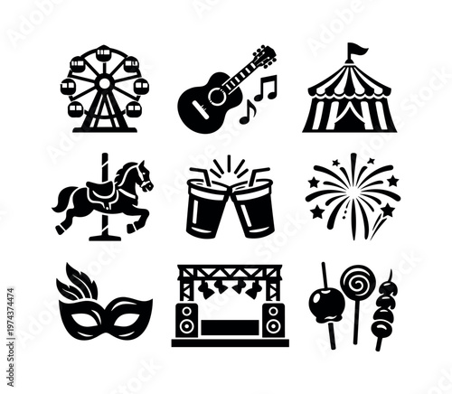 Black and white vector illustrations of festival and celebration elements including ferris wheel guitar and tent