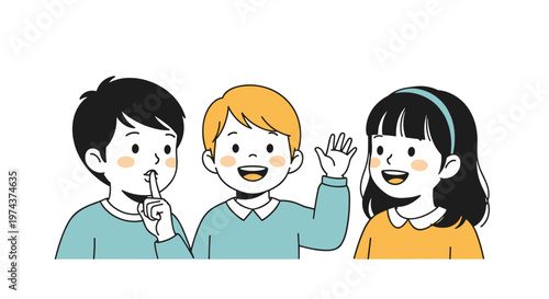 Three young friends interacting with one boy making a silence gesture while the others smile and wave happily.