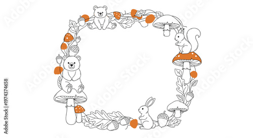 Charming decorative wreath composed of forest animals like bears and rabbits along with mushrooms and oak leaves.