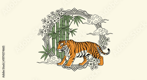 Majestic tiger walking across a traditional circular frame decorated with bamboo stalks and delicate white flowers.