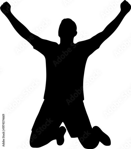 A person kneels with arms raised in a triumphant gesture of joy and celebration.