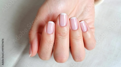 A close-up of a woman's hand displaying neatly manicured nails with a light pink polish and white tips. The hand rests on a soft, neutral-colored surface.