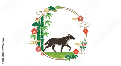 Powerful black wolf walking through a decorative circular frame adorned with green bamboo and red floral patterns.