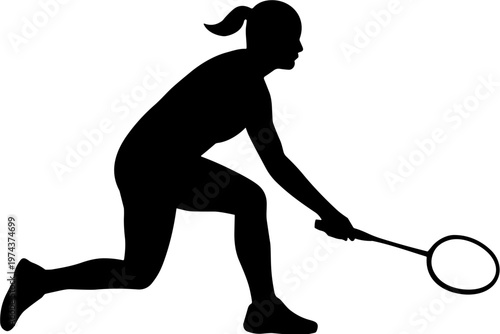 Woman plays badminton with racket in hand at sports court