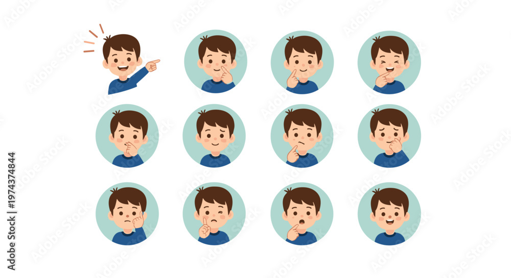 Fototapeta premium Grid of circular icons shows a young boy expressing many different emotions and performing various facial gestures.