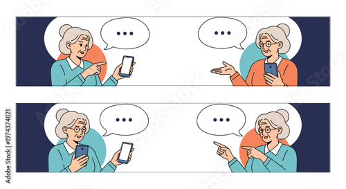 Elderly woman performs various actions on her smartphone including pointing at the screen and checking text messages.