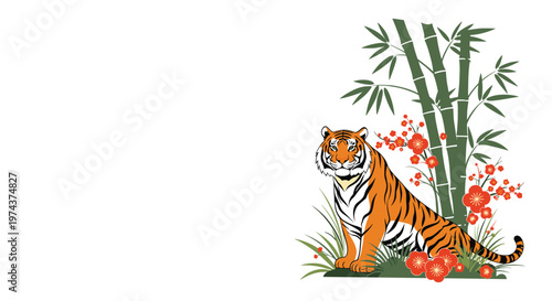 Majestic tiger sits peacefully in a traditional oriental garden setting surrounded by bamboo stalks and plum blossoms.
