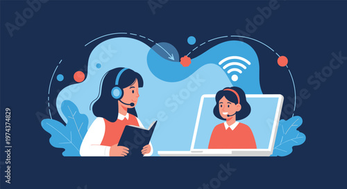 Two female students participate in an online educational class using a laptop and headsets with floating digital icons.