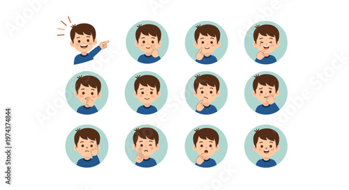 Grid of circular icons shows a young boy expressing many different emotions and performing various facial gestures.