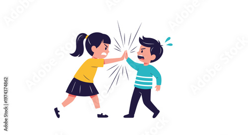 Boy and girl argue and push each other in a heated physical conflict showing aggression and negative social behavior.