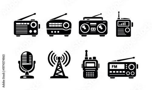 Vintage and modern radio devices silhouette collection with microphone and antenna elements