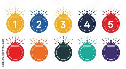 Colorful round ranking stamps with crowns and numbers from one to five are used for rating systems or leaderboards.