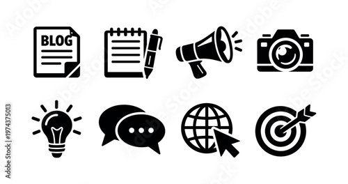 Black and white vector icons of blogging and marketing elements including megaphone and notebook