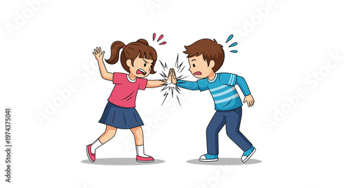 Angry boy and girl engage in a physical conflict by pushing each other's hands during an intense argument.